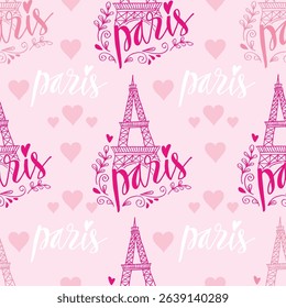Paris seamless pattern with Eiffel tower and hearts on pink background. Vector illustration