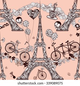 Paris seamless pattern with Eiffel tower and retro bicycles vector illustration