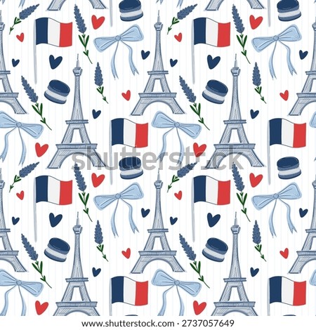 Paris seamless pattern with Eiffel Tower, lavender and French macarons. Hand drawn vector illustration of France travel landmarks, flags and romantic hearts on white background
