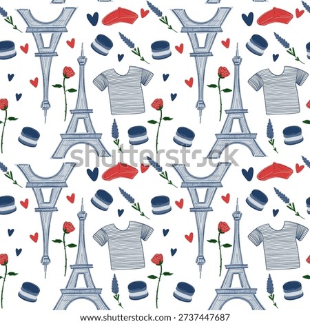 Paris seamless pattern with Eiffel Tower, striped shirt and red beret. Hand drawn vector illustration of French travel symbols, roses and love hearts on white background