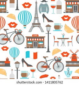 Paris seamless pattern including eiffel tower cafe and famous cabaret street lights on white background vector illustration