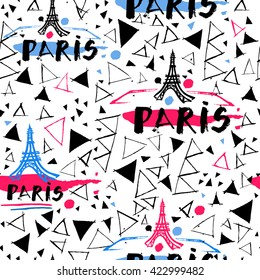 Paris seamless pattern Watercolor. Eiffel tower pattern of spots, graffiti, splatter, watercolor, handmade