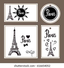 Paris set card. Illustration black ink Eiffel Tower. Hand-drawing. Vector decorations isolated on white background. Lace frame.