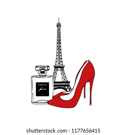 Paris set: Eiffel Tower, red Shoes, Perfume. Vector hand drawn illustration with Eiffel tower. Fashionable accessories. Paris romantic design. Vector trendy illustration. Beauty fashion woman set.