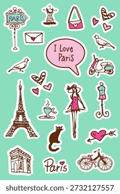 Paris. Set of stickers. Decorative elements.