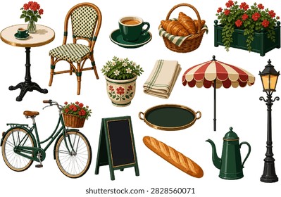 Paris Sidewalk Café vector illustration collection with café table, woven café chair, espresso cup, croissant basket.