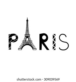  PARIS sign with Eiffel Tower on black background.