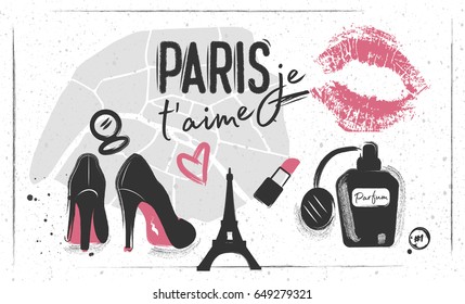 Paris silhouette map - lipstick, shoes, perfume, kiss, Eiffel tower