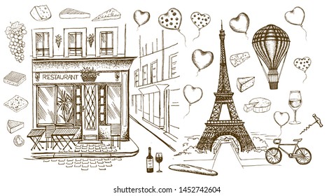Paris sketch illustration. Set of hand drawn French icons.