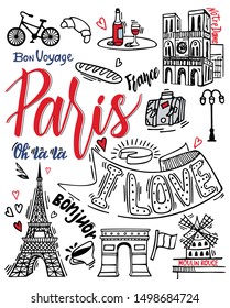 Paris sketch illustration. Set of hand drawn French icons, Paris sketch illustration, doodle elements, Isolated national elements made in vector. Travel to France icons for cards and web pages.