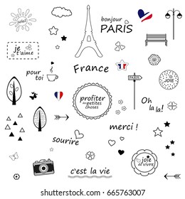Paris sketch illustration. Set of hand drawn design elements on white background.