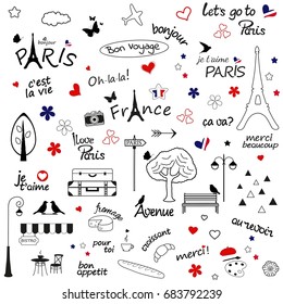 Paris sketch illustration. Set of hand drawn design elements on white background.