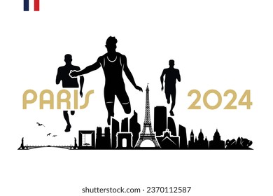 Paris skyline with  - Athletes running - France 2024 - isolated vector illustration