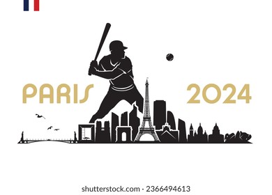 Paris skyline with baseball player - France 2024 - isolated vector illustration