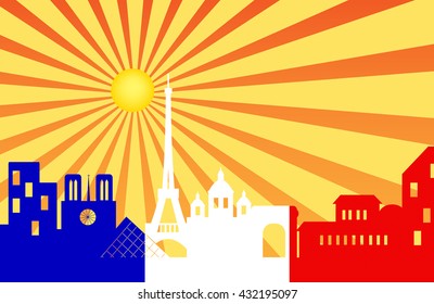 Paris skyline behind sun ray with French flag , Vector illustration