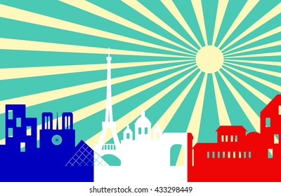 Paris skyline behind sun ray with French flag , Vector illustration