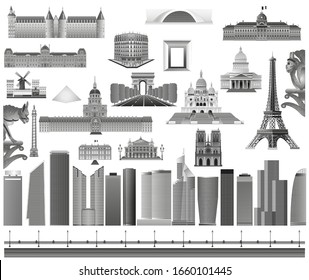 Paris skyline buildings set. Old city and new city. Collection of famous landmark icons of Paris, France for travel poster and postcard in flat style. Gray vector illustration, isolated on white