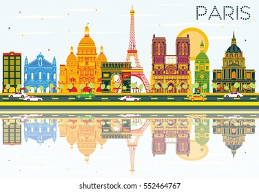 Paris Skyline with Color Buildings, Blue Sky and Reflections. Vector Illustration. Business Travel and Tourism Concept with Historic Architecture. Image for Presentation Banner Placard and Web Site