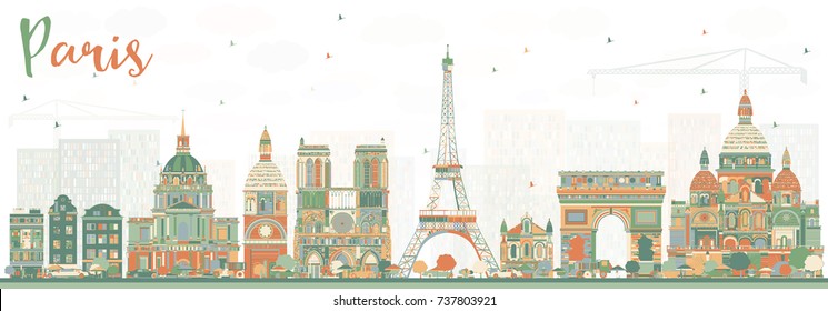 Paris Skyline with Color Landmarks. Vector Illustration. Business Travel and Tourism Concept with Historic Buildings. Paris Cityscape.