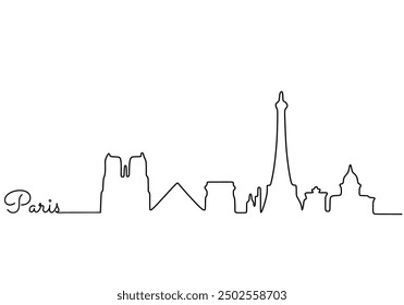 Paris skyline continuous line drawing. Simple linear art of French landmarks, including the Eiffel Tower, in an editable stroke doodle style.