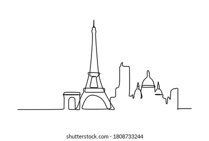 Paris Skyline - Continuous One Line Drawing - Vector Illustration