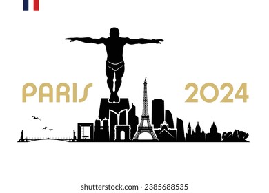 Buceador parisino de línea de horizonte preparándose para el salto - Francia 2024 - ilustración vectorial aislada