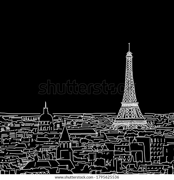 Paris Skyline Drawing Black White Hand Stock Vector (Royalty Free ...