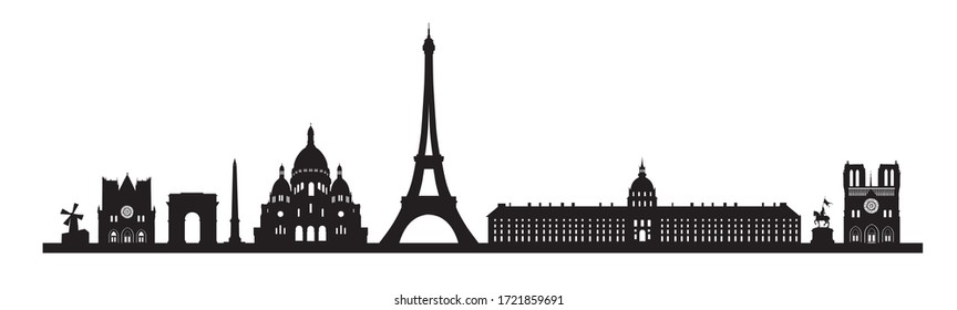 Paris skyline. Paris famous landmark icon set. Travel silhouette background