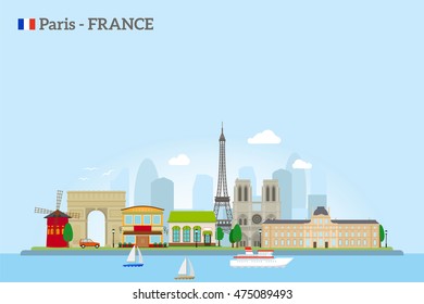 Paris skyline in flat style. Colrfus illustration on sky blue background. Vector icon
