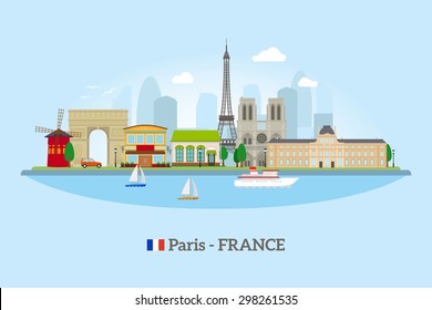 Paris skyline in flat style on blue background  vector illustration