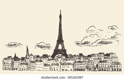 Paris skyline, France, with view at Eiffel Tower, vintage engraved illustration, hand drawn