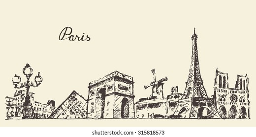 Paris skyline, France, vintage engraved illustration, hand drawn