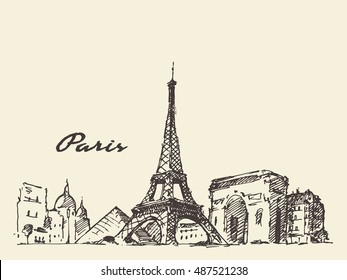 Paris skyline, France, vintage engraved illustration, hand drawn