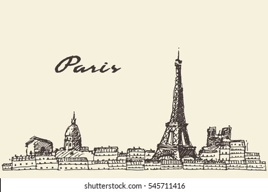 Paris skyline, France, vintage vector illustration, hand drawn