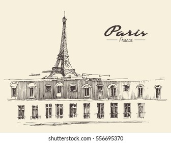 Paris skyline, France, vintage vector illustration, hand drawn