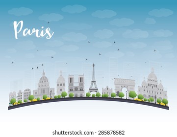 Paris skyline with grey landmarks and blue sky. Vector illustration. Business travel and tourism concept with place for text. Image for presentation, banner, placard and web site.