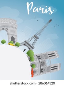 Paris skyline with grey landmarks, blue sky and copy space. Vector illustration. Business travel and tourism concept with place for text. Image for presentation, banner, placard and web site.