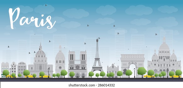 Paris skyline with grey landmarks and blue sky. Vector illustration. Business travel and tourism concept with historic buildings. Image for presentation, banner, placard and web site.