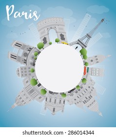 Paris skyline with grey landmarks, blue sky and copy space. Vector illustration. Business travel and tourism concept with place for text. Image for presentation, banner, placard and web site.