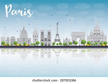 Paris skyline with grey landmarks and blue sky. Vector illustration. Business travel and tourism concept with place for text. Image for presentation, banner, placard and web site.