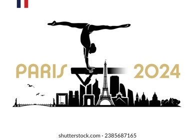 Paris skyline with gymnast on the balance beam - France 2024 - isolated vector illustration
