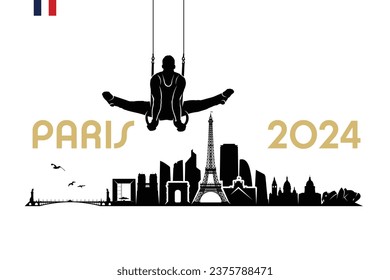 Paris skyline with gymnast on the rings - France 2024 - isolated vector illustration