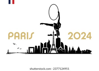 Paris skyline with hoop silhouette girl performing rhythmic gymnastics element - France 2024 - isolated vector illustration