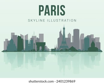 Paris skyline. Paris skyline and  landmarks silhouette, light green tone gradient design, vector illustration. Paris skyline horizontal banner. skyline in flat style. Vector template for your design. 