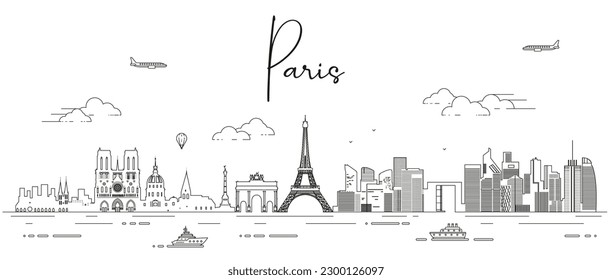 Paris skyline line art vector illustration