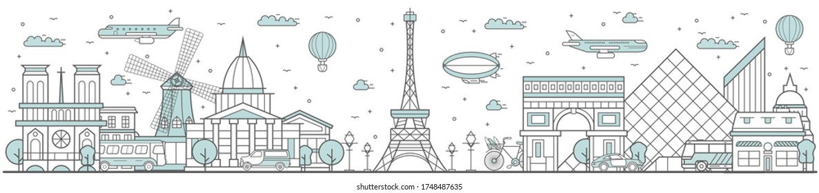 Paris skyline. Line cityscape with building landmarks horizontal panorama. Paris skyline with Eiffel Tower, Notre Dame street city sights. Capital city constructions outline, architecture concept