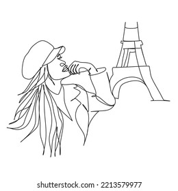 Paris Skyline one line.Tower One Line Drawing. Minimalist Design, Illustration, Drawing, Isolated PNG and Vector with Transparent . Woman one line art.