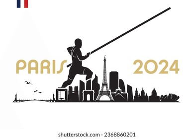 Paris skyline with Pole vault jumper - France 2024 - isolated vector illustration