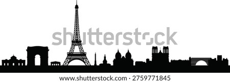 Paris skyline silhouette featuring Eiffel Tower Arc de Triomphe Notre Dame landmarks black vector cityscape isolated on white background