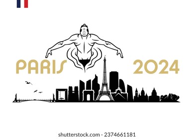 Esquina de París con nadador - Francia 2024 - ilustración vectorial aislada